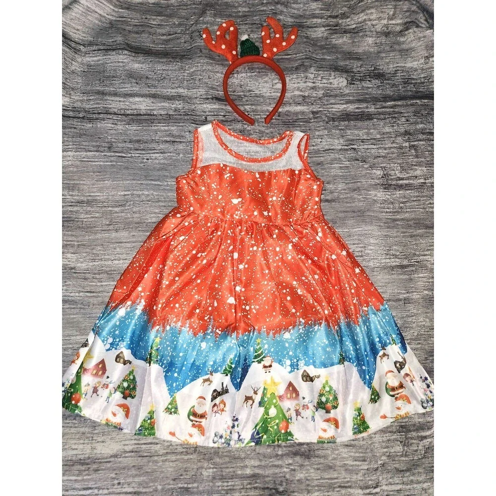 Christmas Holiday Girls Dress Santa Reindeer Winter Wonderland‎ Headband 3t